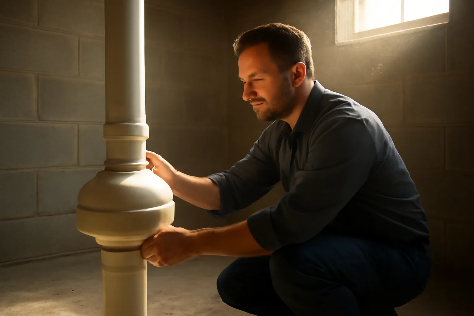 Technician installing a radon mitigation pipe on a basement slab
