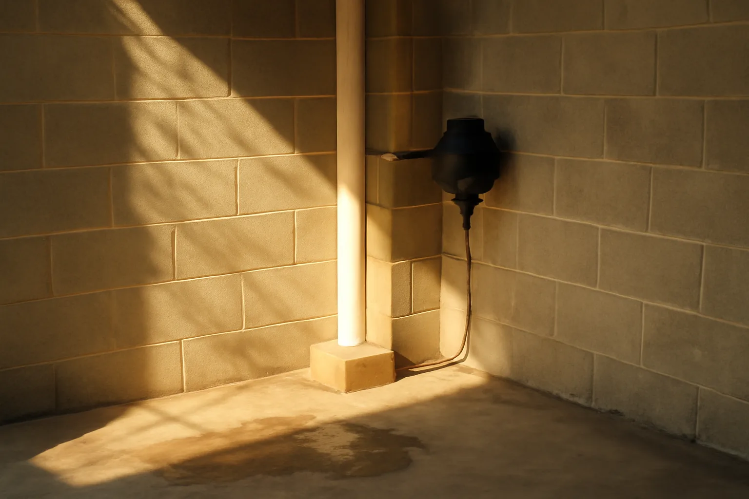 Basement radon mitigation pipe and fan in afternoon light
