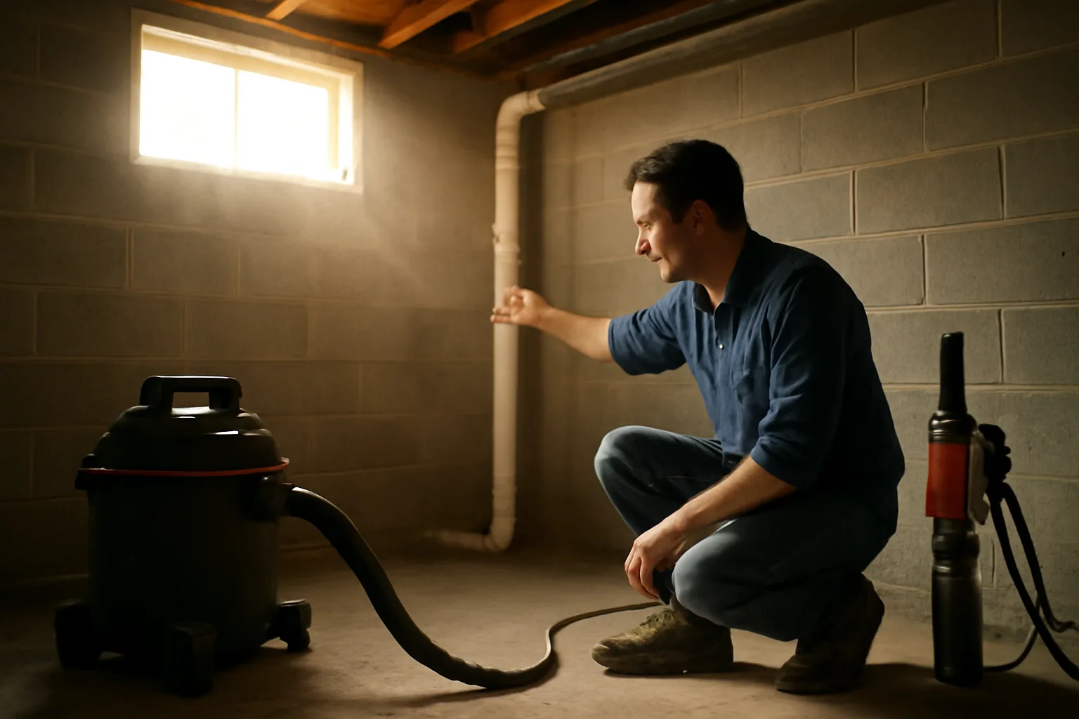 Technician kneeling by a radon mitigation pipe in a basement