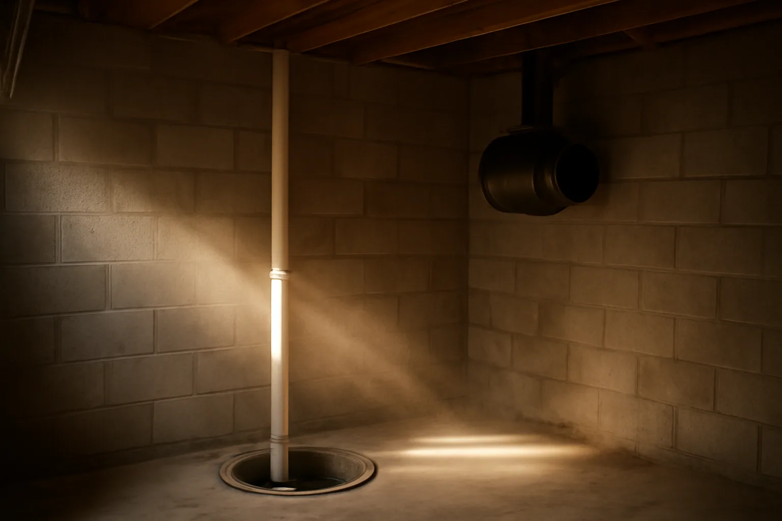 Unfinished basement with a PVC radon mitigation pipe on block
