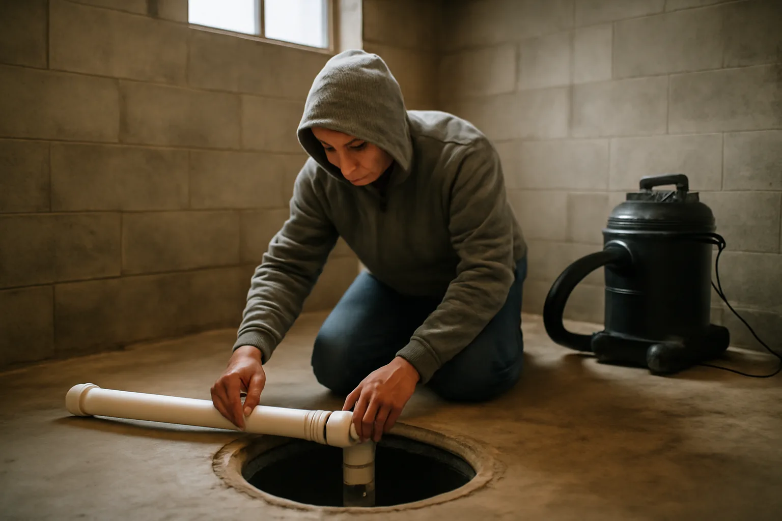 Worker kneeling beside a basement radon mitigation suction pit