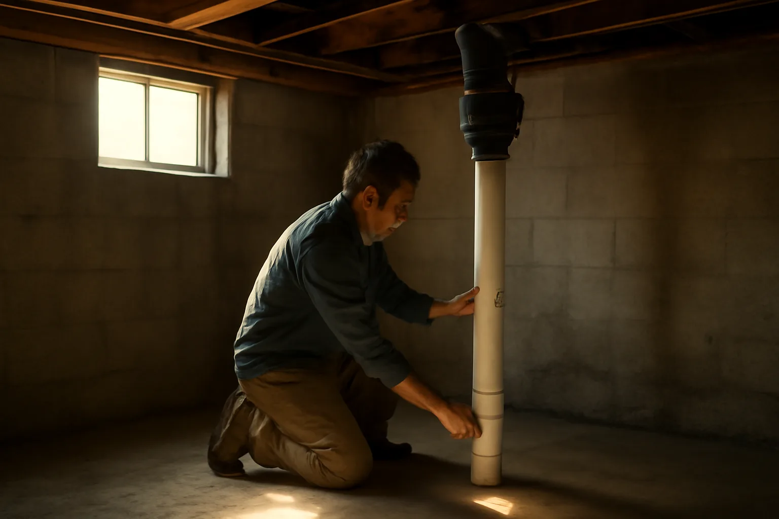 Worker kneeling by a radon mitigation pipe in a basement