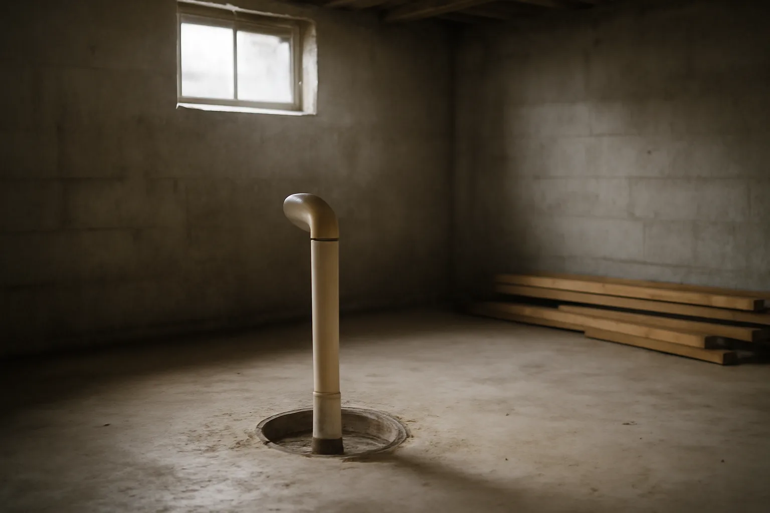 White PVC radon mitigation pipe rising from a basement slab