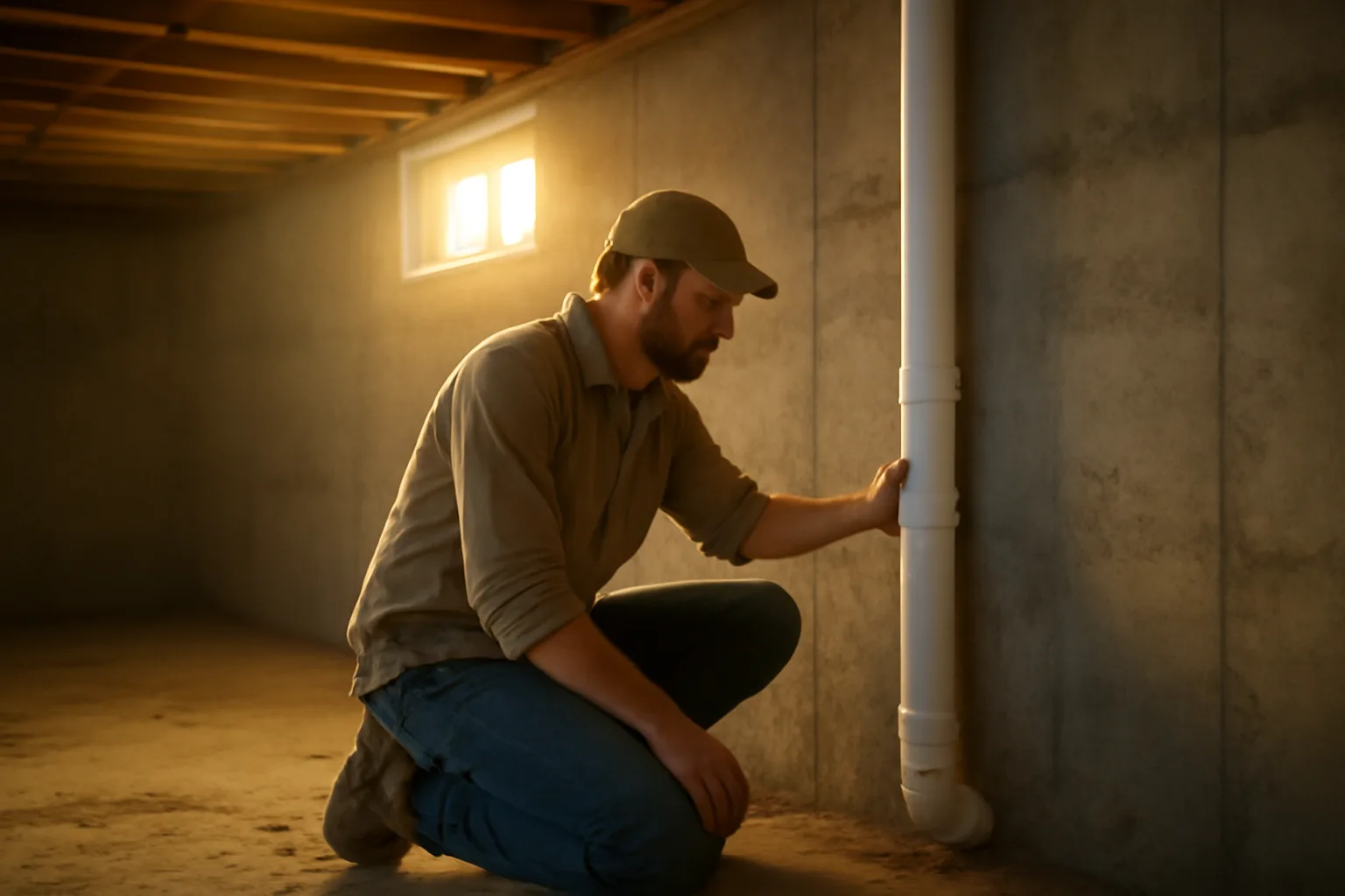 Worker kneeling by a radon mitigation pipe in a basement