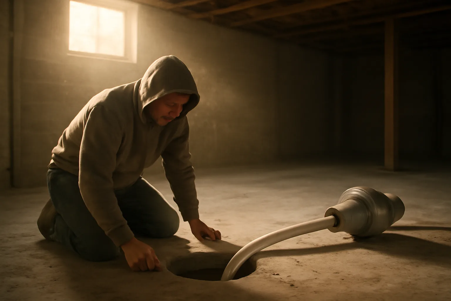 Worker kneeling by a radon pipe on a basement slab