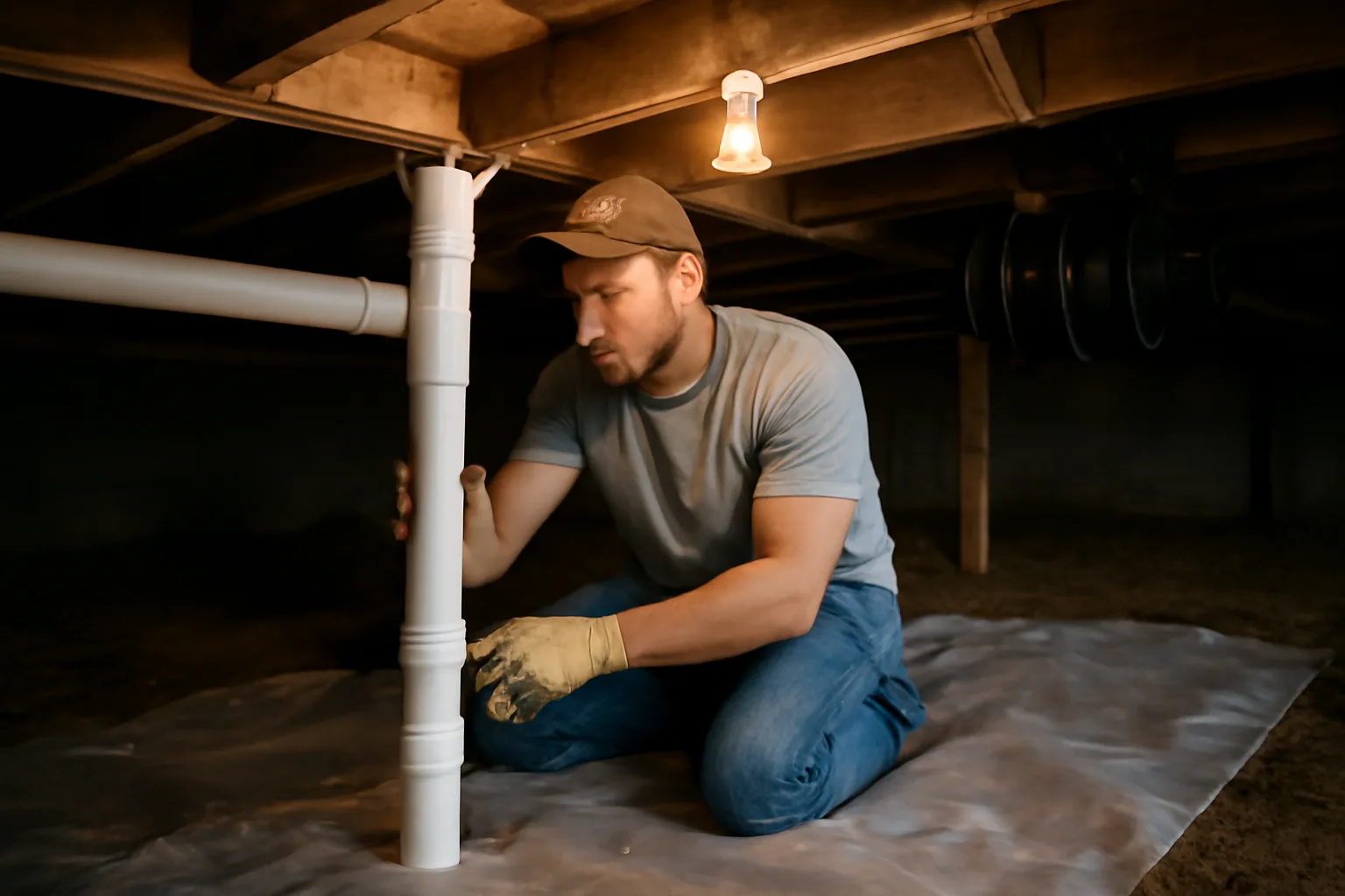 Worker installing radon mitigation pipe in a dim crawl space