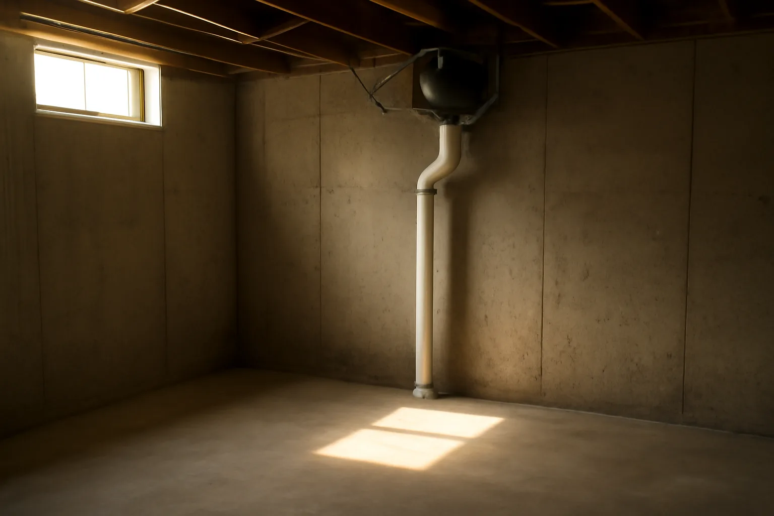 White radon mitigation pipe and fan on a basement concrete wall