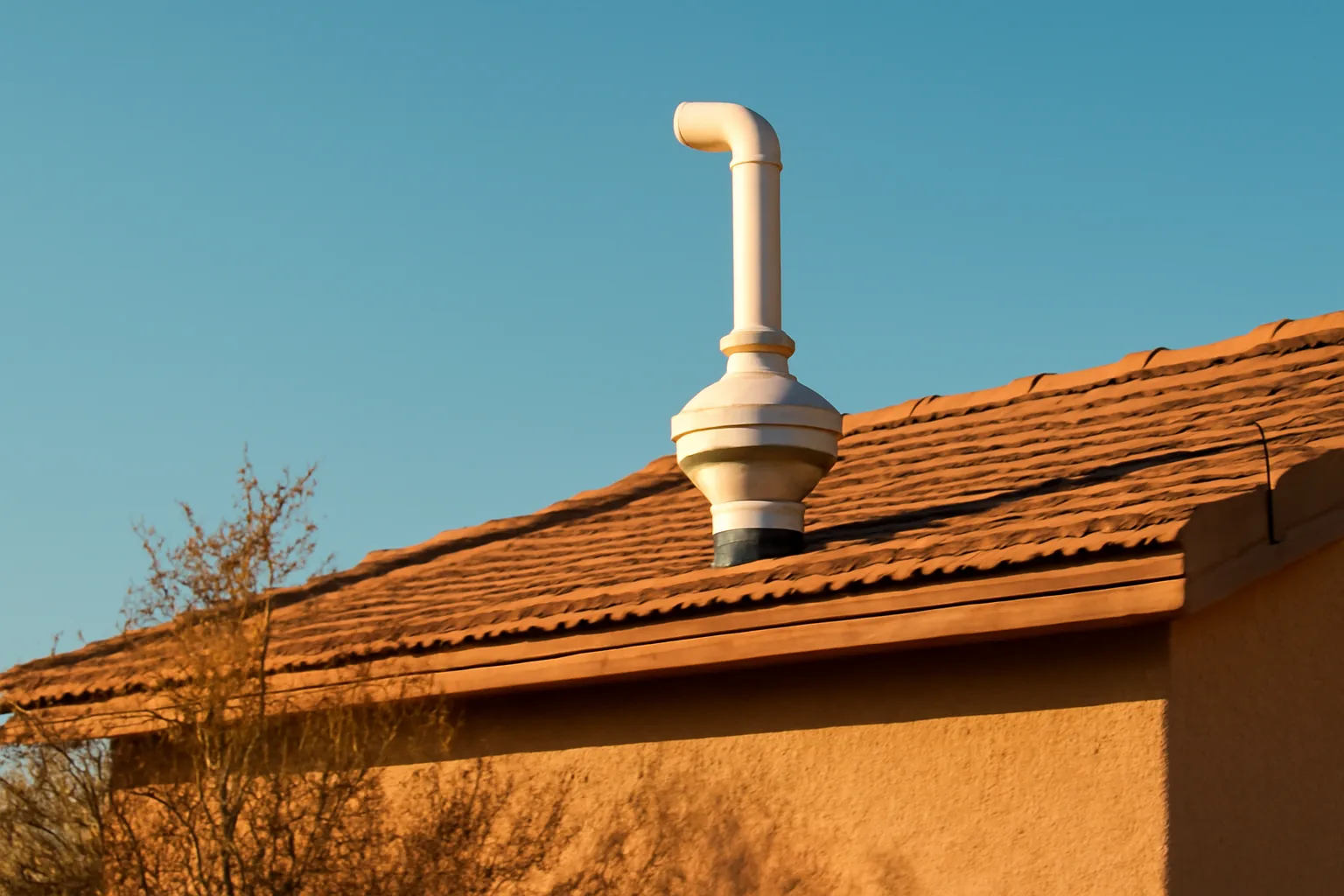White PVC radon vent pipe with a roof-mounted fan against an Arizona desert morning sky