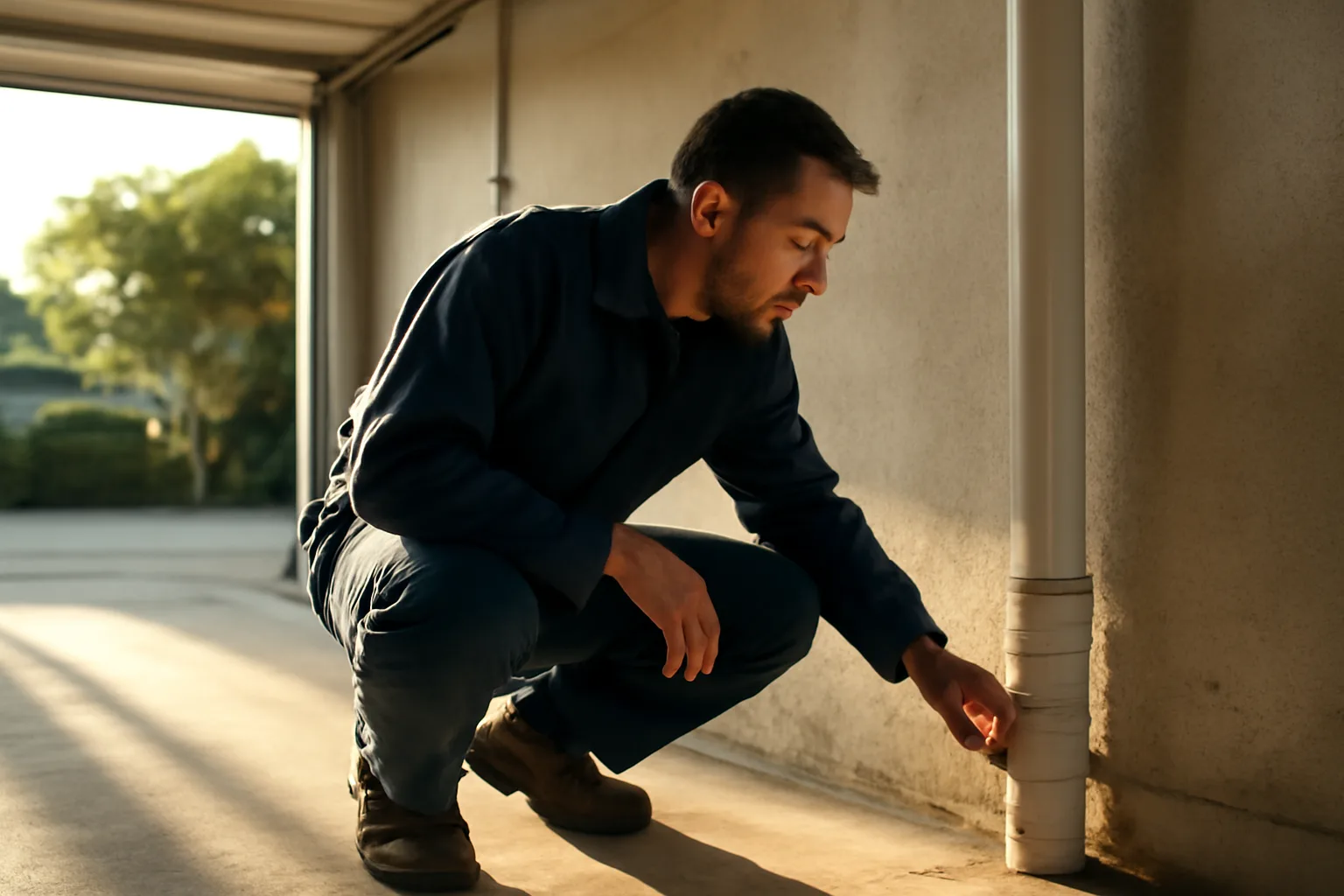 Technician inspecting radon mitigation pipe on concrete slab in California garage