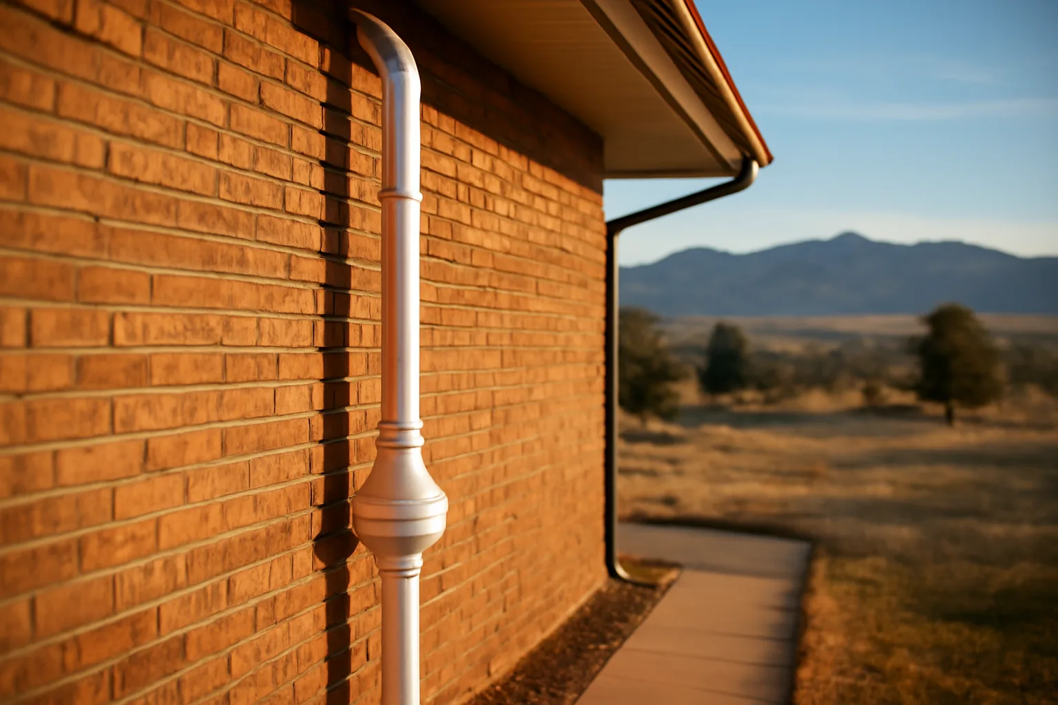 Radon mitigation pipe on exterior brick wall of Colorado home with mountain backdrop