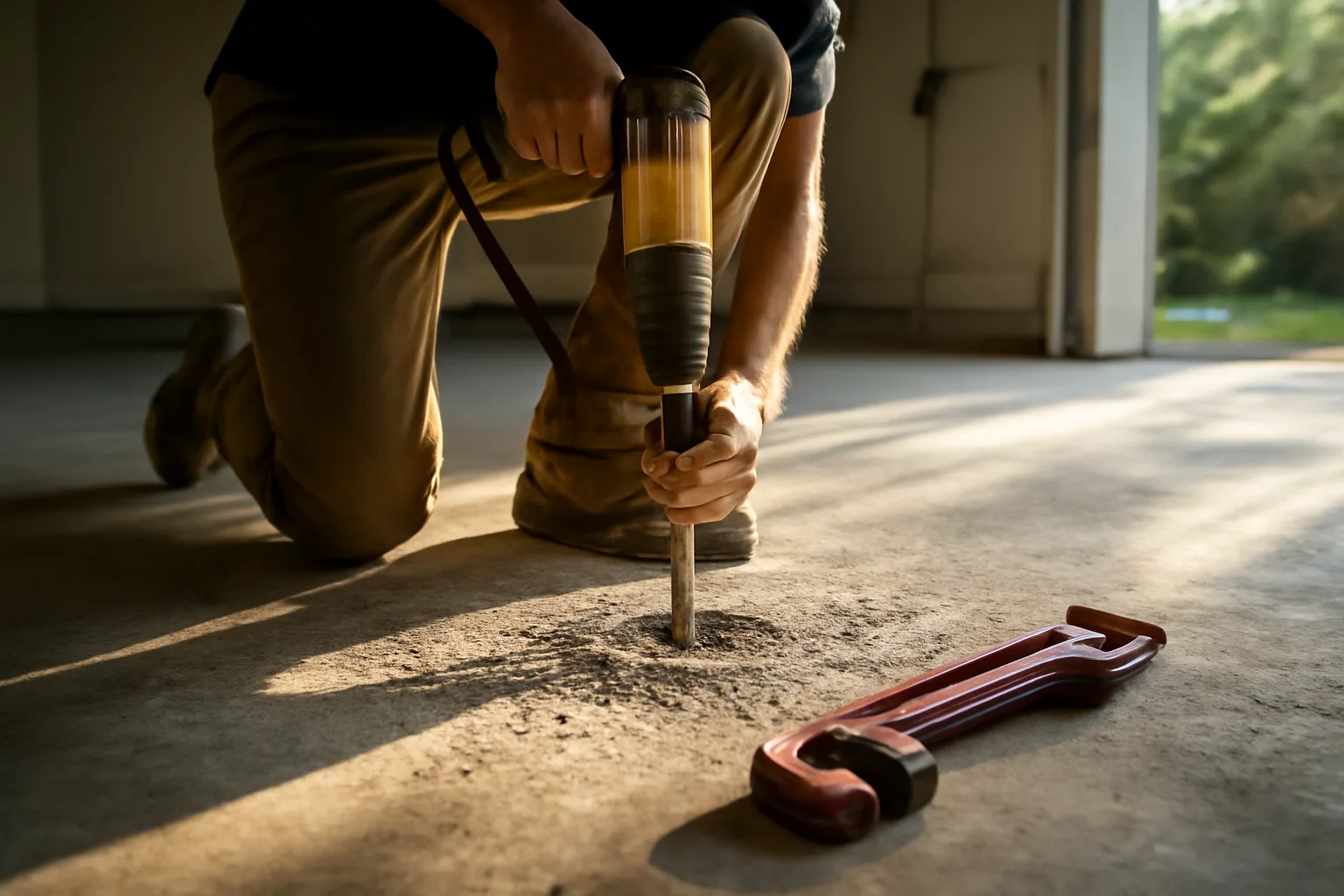 Contractor drills garage slab for radon pipe in Alabama home
