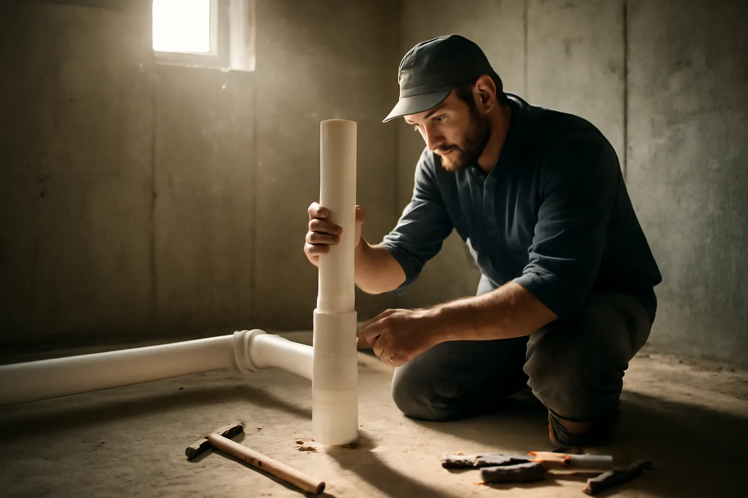 Technician installing radon mitigation piping through a Connecticut basement slab
