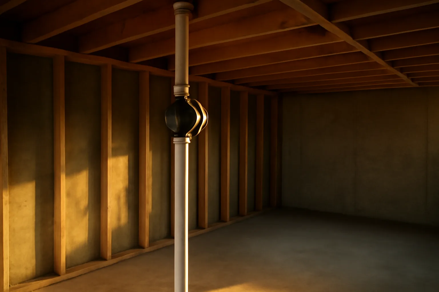 Unfinished basement PVC radon mitigation pipe beside an inline fan