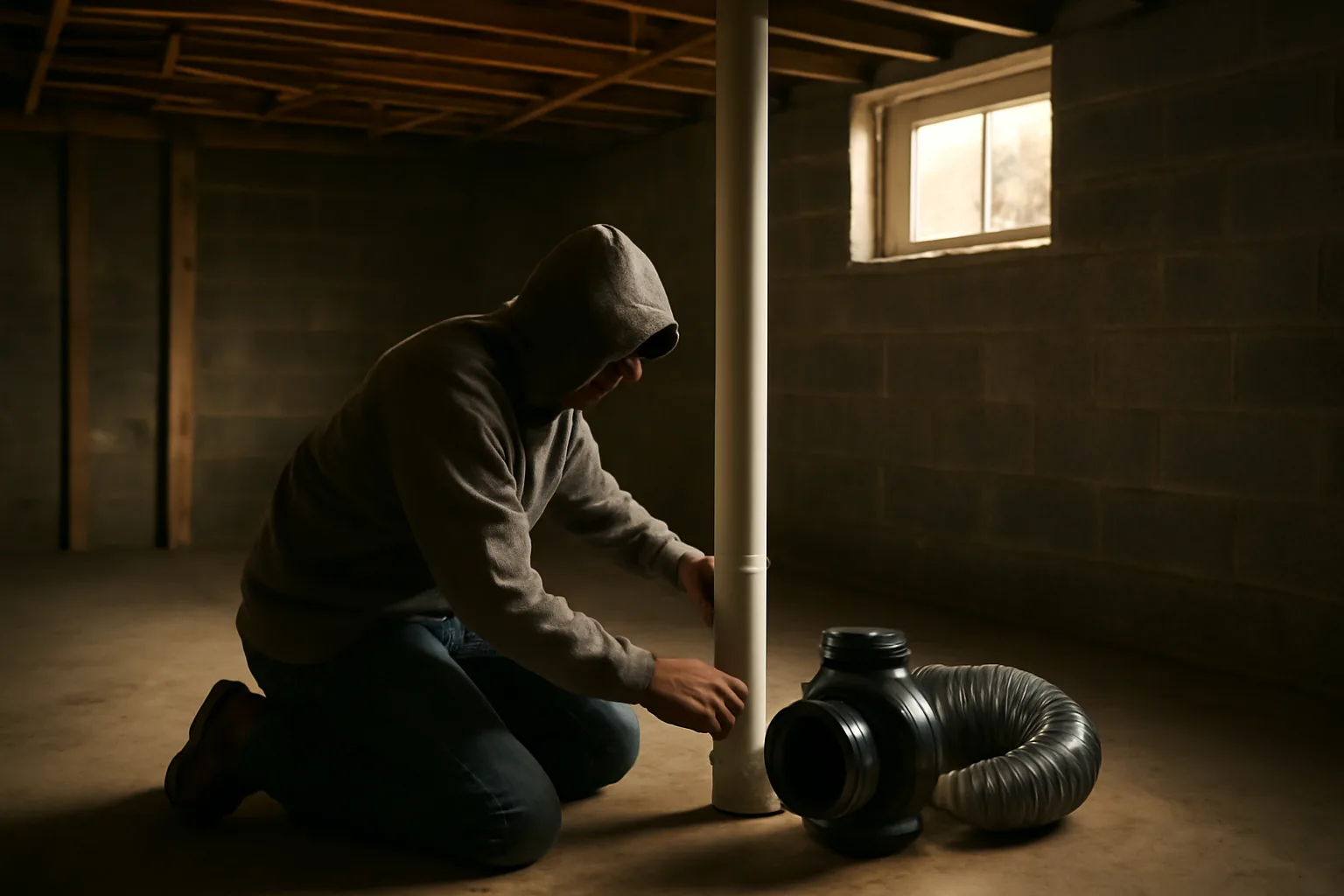 Worker kneeling beside a radon mitigation pipe in a basement
