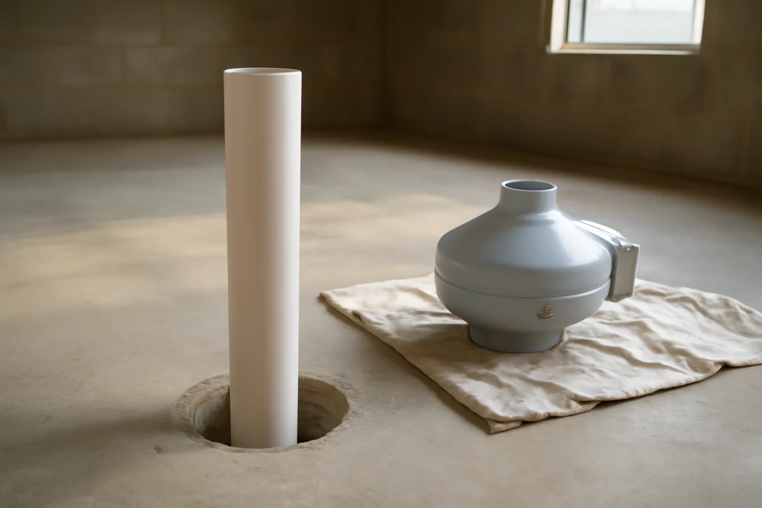 Radon mitigation pipe penetrating a concrete slab in an Alabama home