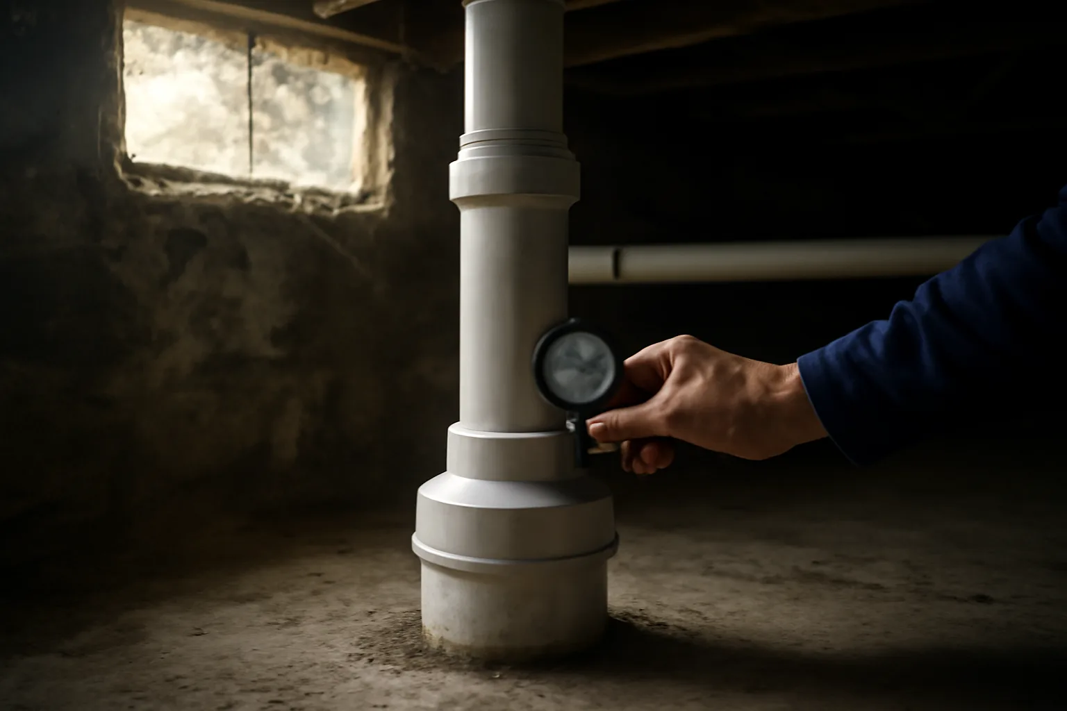 Radon mitigation pipe installed in an Alaskan home crawlspace.