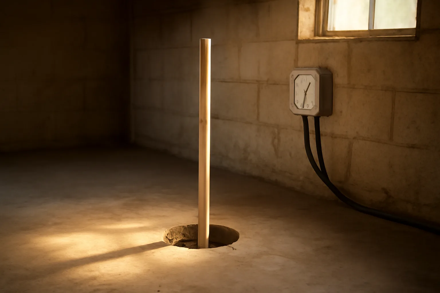 Drilled concrete slab with PVC pipe and manometer in an Arkansas basement