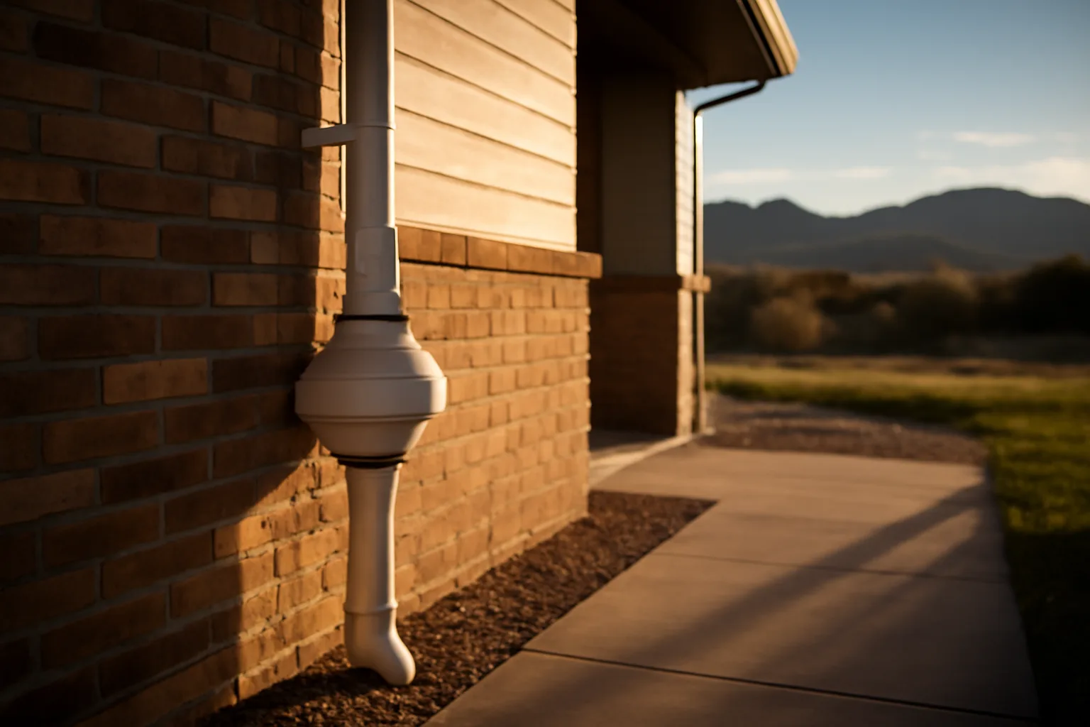 Radon mitigation pipe and fan on a Colorado home foundation with mountain backdrop