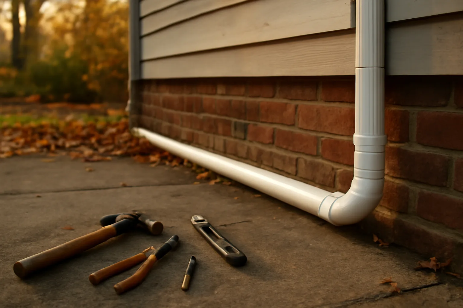 PVC radon mitigation pipe installed along a brick home foundation in Connecticut