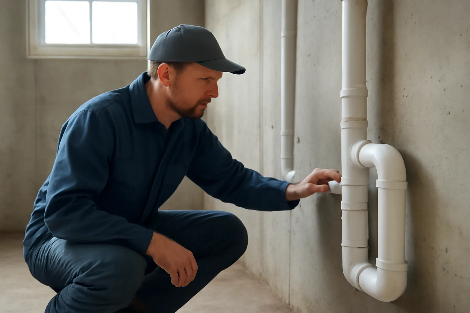 Radon mitigation pipe system installed against a basement wall in a Delaware home