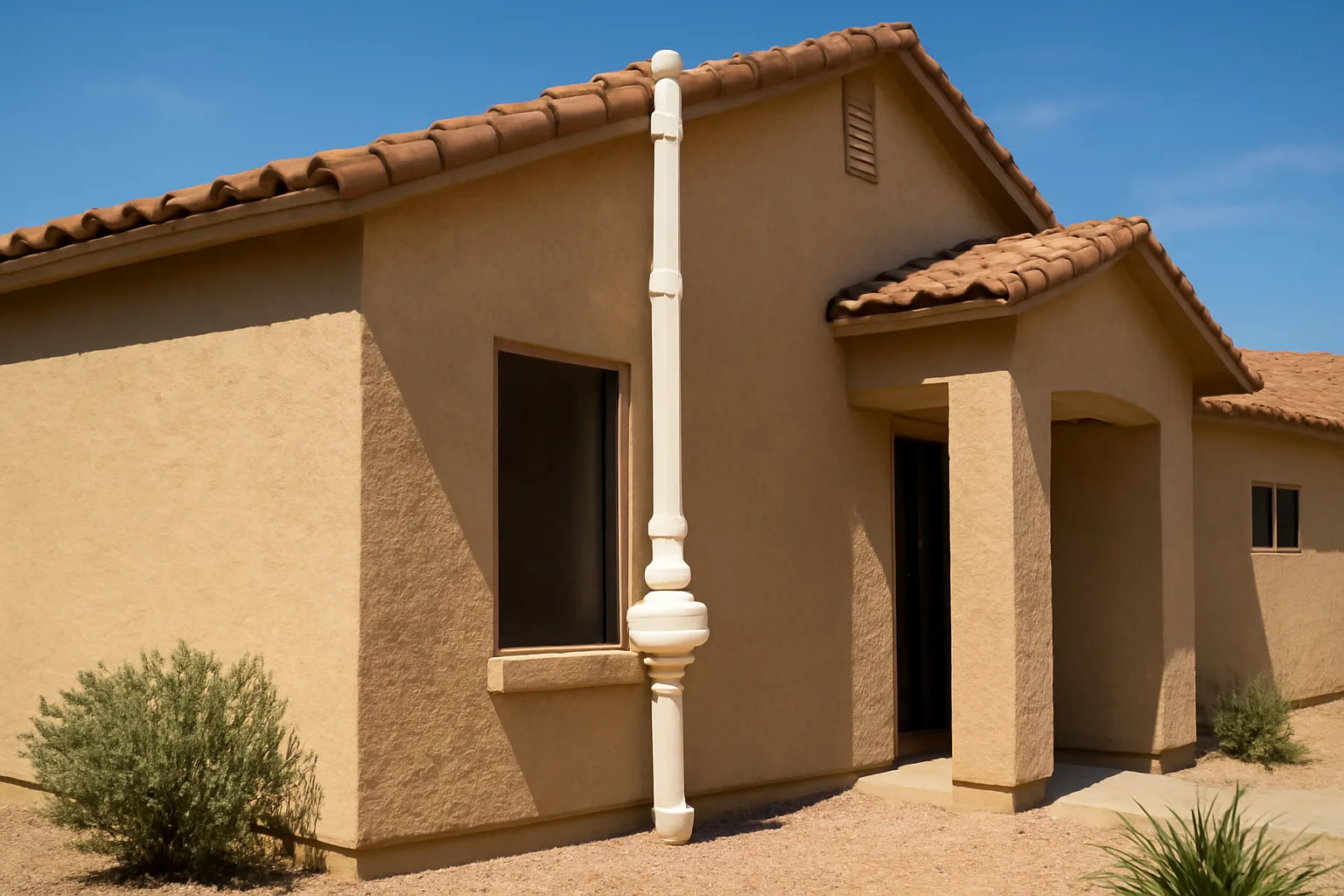 Arizona home exterior with white PVC radon mitigation pipe running up a stucco wall to roof discharge