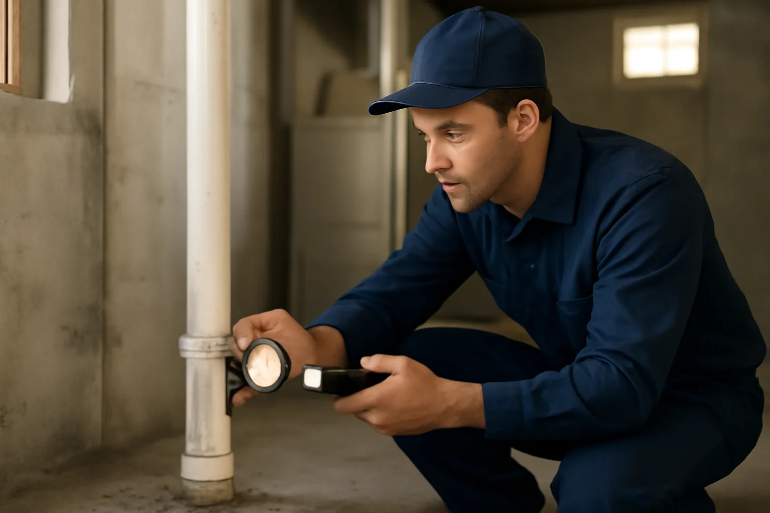 Radon mitigation contractor checking system pressure gauge in Delaware basement