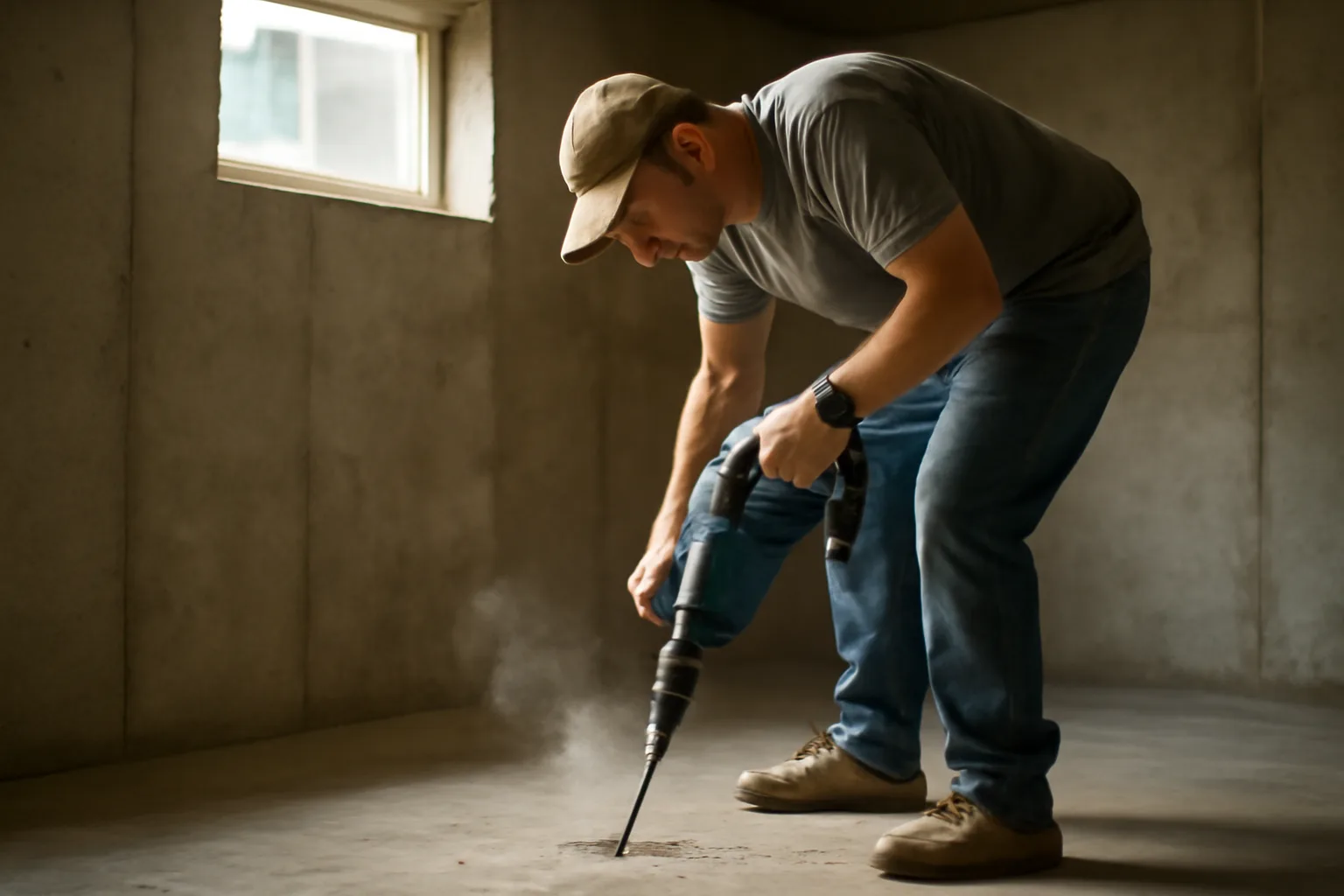 Contractor drilling through concrete basement floor for radon mitigation pipe installation