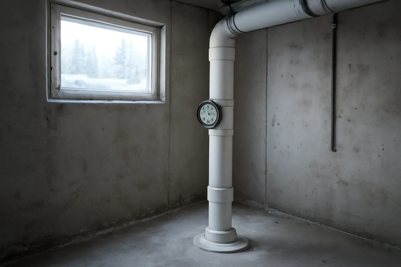 Radon mitigation pipe installed in an Alaskan utility room with a pressure gauge on the pipe